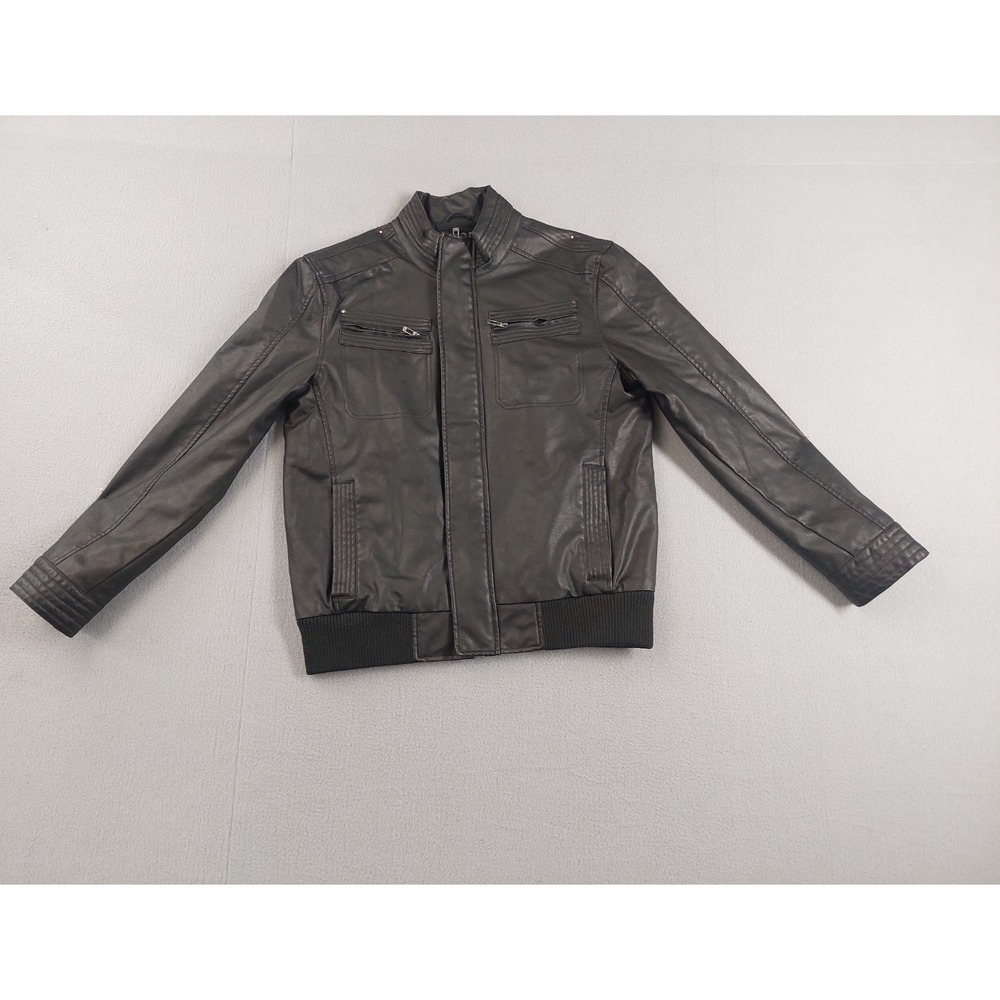Red Herring Men Bomber Jacket L‎ Black Faux Leather Full Zip Pockets Outerwear